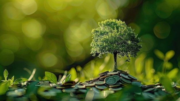 Photo tree growing on pile of coins saving and economic growth financial investment concept