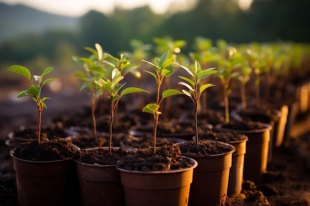 Tree growing Seedlings in brown small pots side by side Copy space