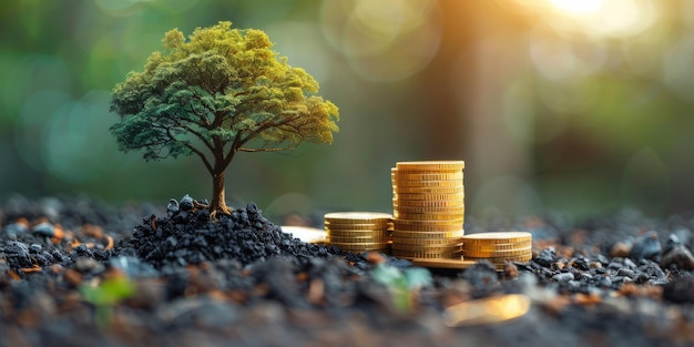 Tree growing next to stacks of coins in soil with sunlight