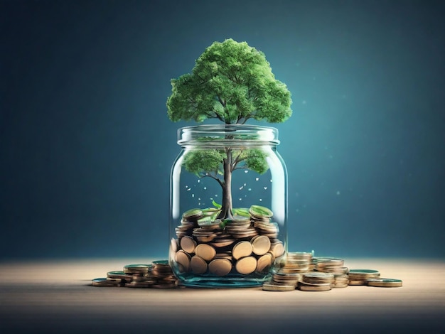 Photo a tree grows on a coin in a glass jar money saving