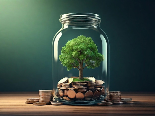 Photo a tree grows on a coin in a glass jar money saving