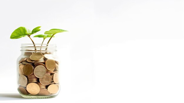 a tree grows on a coin in a glass jar with copy space finance growing concept