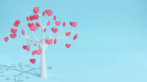 Tree heart love on valentine day card. Romance 3D illustration with beauty nature on february and copy space for text.