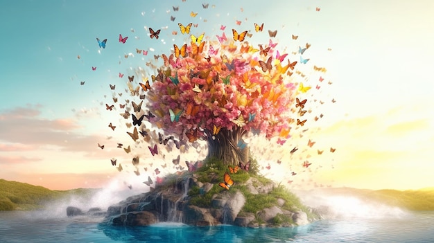 Tree on hill beautiful butterflies attract the tree leaves AI generated art 02