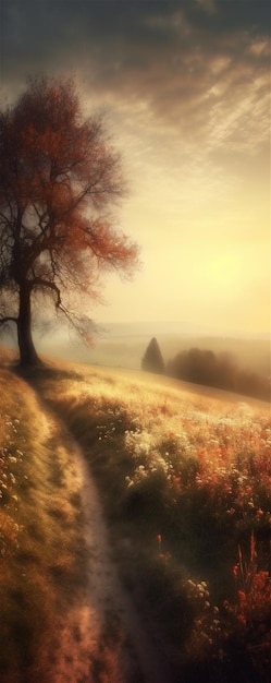 A tree on a hill in the evening