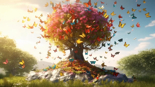 Tree on hill many beautiful butterflies on the tree leaves AI generated art 01