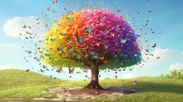 Tree on hill many beautiful butterflies on the tree leaves AI generated art 03