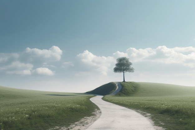 A tree on a hill with a blue sky in the background