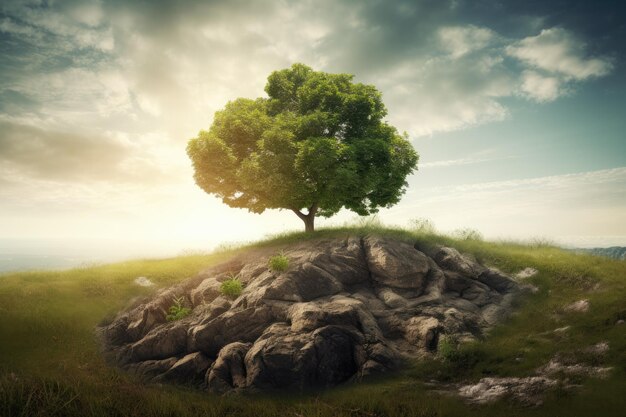 A tree on a hill with a cloudy sky in the background