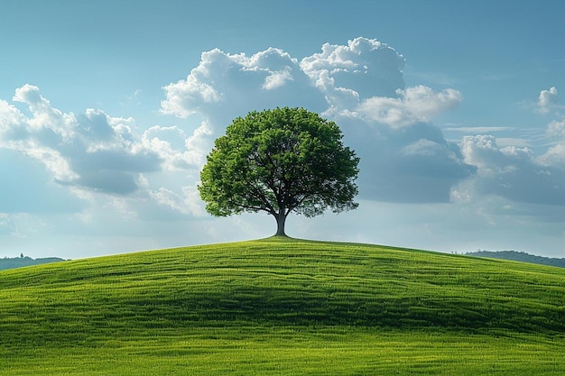 A tree on a hill with a cloudy sky in the background