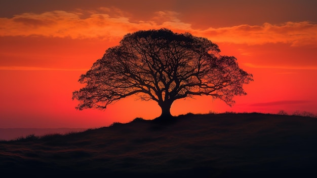 A tree on a hill with a red sky in the background