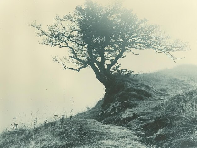 a tree on a hill with a snow covered hill behind it