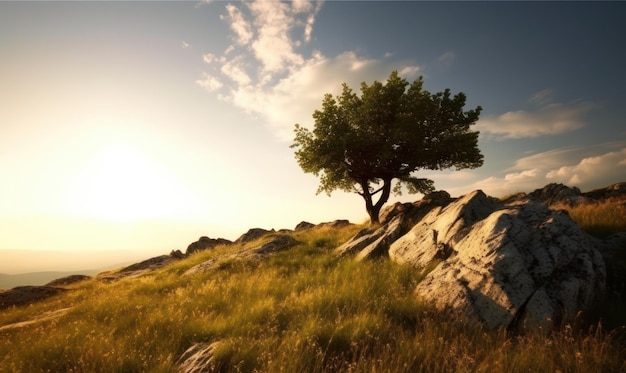 A tree on a hill with the sun setting behind it