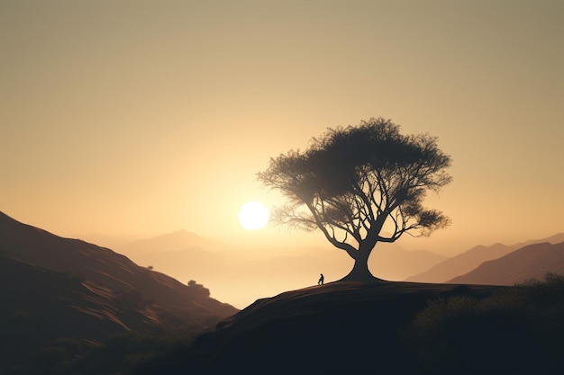 A tree on a hill with a sunset in the background