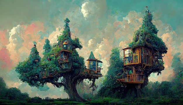 Tree house fantasy illustration