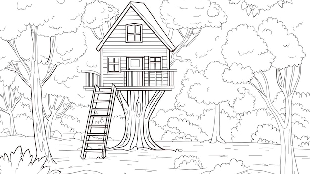 Photo a tree house is a small house built in a tree it is usually made of wood and has a ladder leading up to it