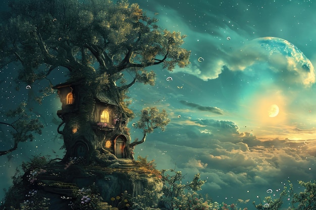 a tree house in the middle of a field Immerse yourself in whimsical fantasy art creating enchanting wallpapers or background images