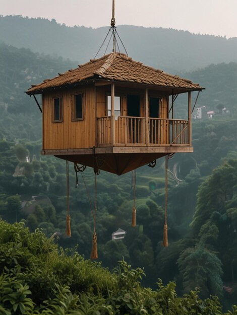 a tree house that is made of wood and has a balcony that says the house