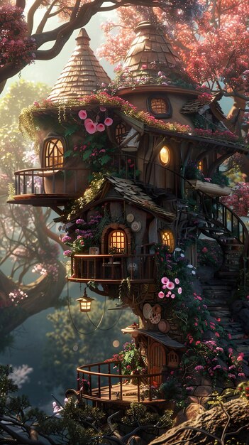 a tree house with a pink flowered tree in the background