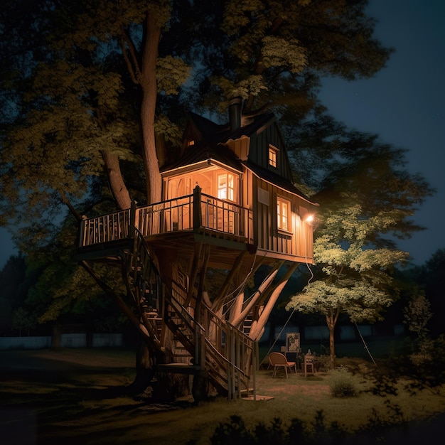 A tree house with a porch and a lamp on the roof