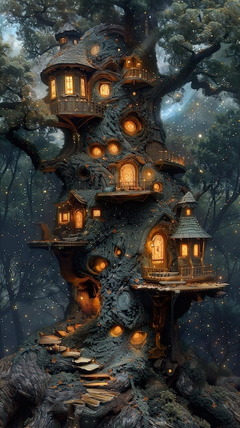 a tree house with a tree house on the bottom