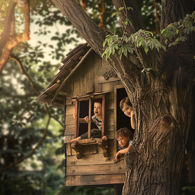 Photo a tree house with a tree house that says  children