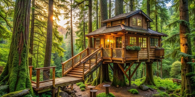 a tree house with a tree house on the top