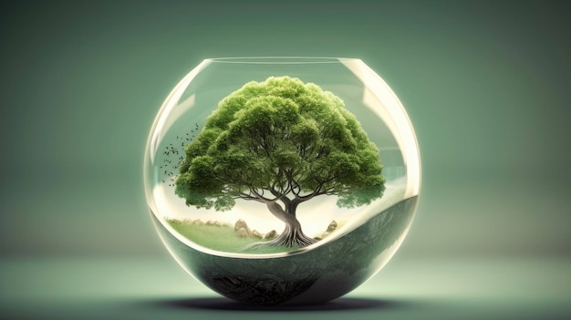 A tree inside a glass jar with a green tree inside.