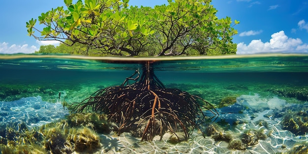 a tree is floating over the water with roots above it