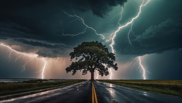 A tree is in the foreground of a field There is a road in the foreground There is a lightning stor