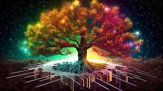 A tree is growing on the convergence point of a computer circuit board Nature in the Age of Digital and Technological Convergence Generative AI