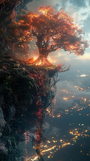 a tree is growing out of a cliff and the water is lit up by the sun