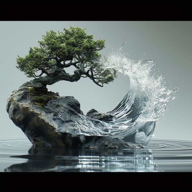 a tree is growing out of a rock in the water