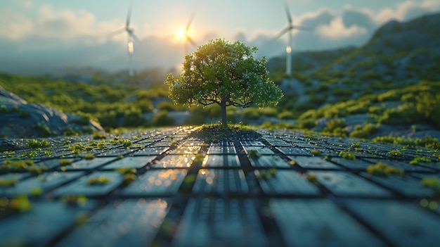 Photo a tree is growing on a rocky surface with a view of the mountains in the background concept of hope and resilience as the tree is able to grow and thrive in an unlikely environment