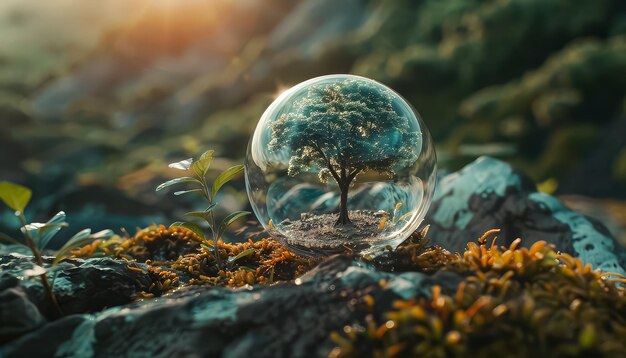 Photo a tree is inside a glass sphere on a rocky hillside