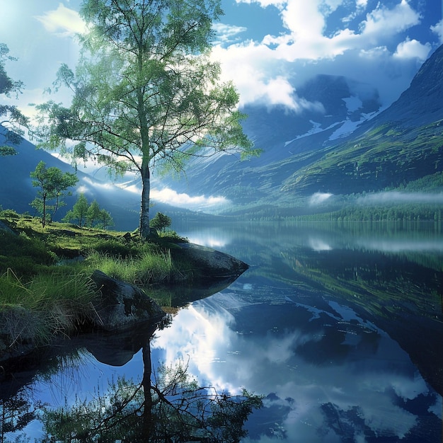 A tree is next to a lake with the sun shining through the clouds