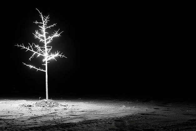 Photo a tree is lit up in the dark with a light on it