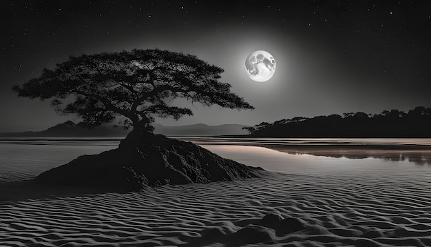 a tree is in the middle of the desert with the moon in the background