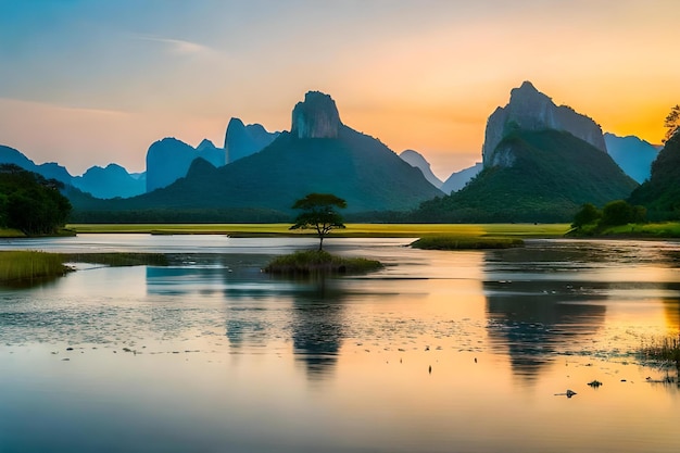 A tree is in the middle of a lake with mountains in the background.