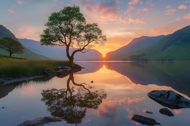 A tree is reflected in the still water of a lake at sunset with mountains in the background and a