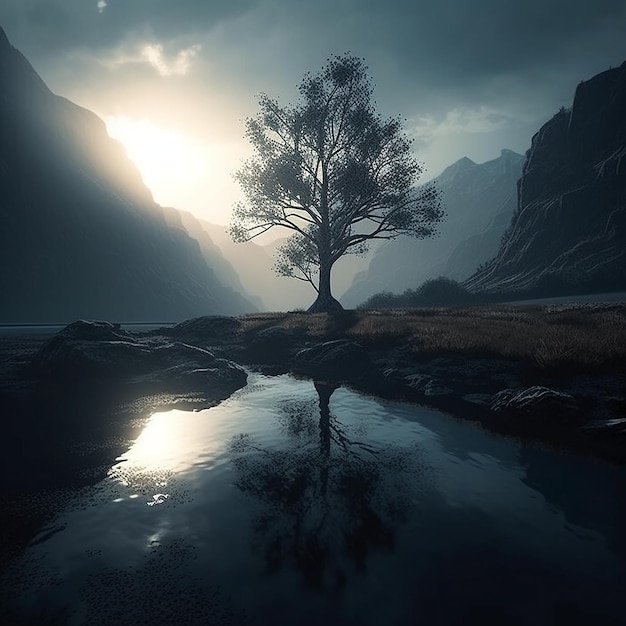 A tree is reflected in a still water with the sun shining through the clouds.