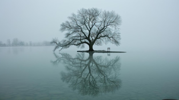 a tree is reflected in the water with a bench in the foreground