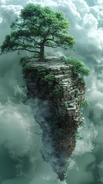 a tree is on a rock in the water with a waterfall in the background