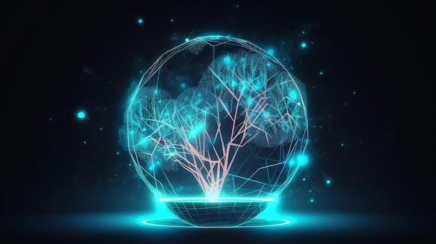 A tree is sprouting on a digital circuit ball Confluence of Digital and Technological Generative AI with blue light and wireframe network background