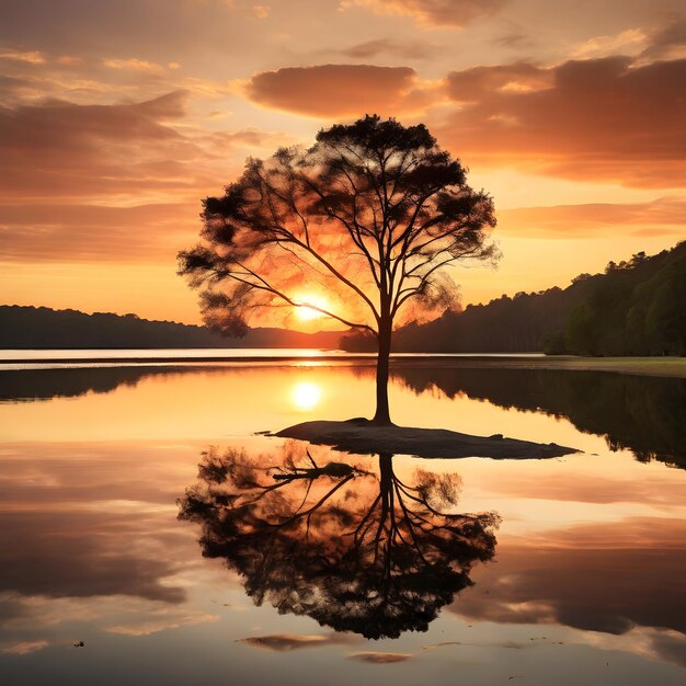 a tree is standing in the middle of a lake with the sun setting behind it