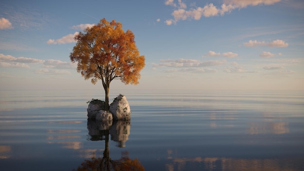 tree on an island in the middle of a lake beautiful landscape 3D illustration cg render