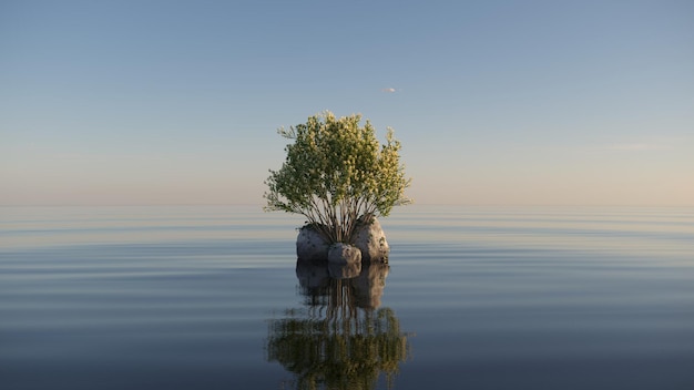 tree on an island in the middle of a lake beautiful landscape 3D illustration cg render