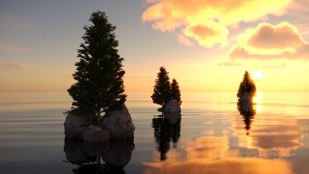 tree on an island in the middle of a lake beautiful landscape 3D illustration cg render