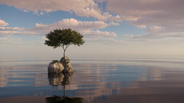 tree on an island in the middle of a lake beautiful landscape 3D illustration cg render