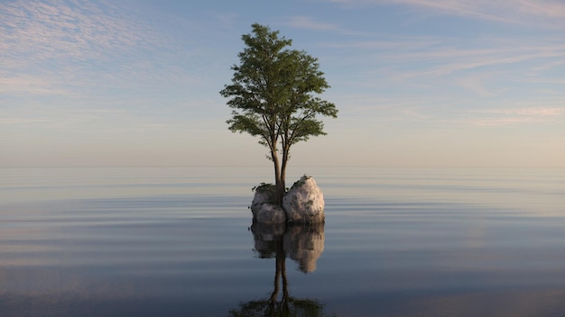 tree on an island in the middle of a lake beautiful landscape 3D illustration cg render